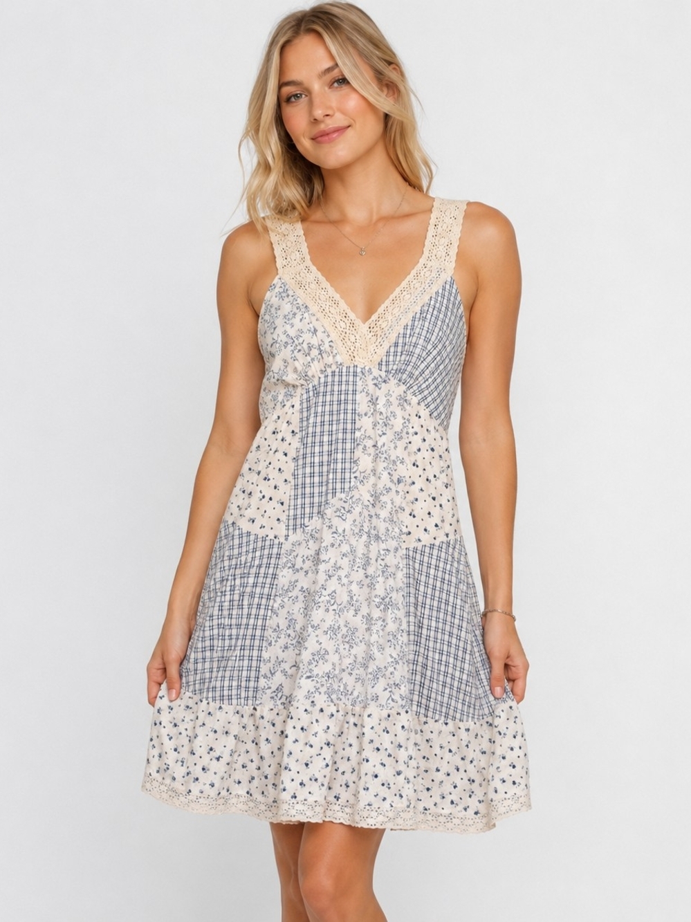 American Eagle Blue and White Patchwork Lace-Trim Mini Dress